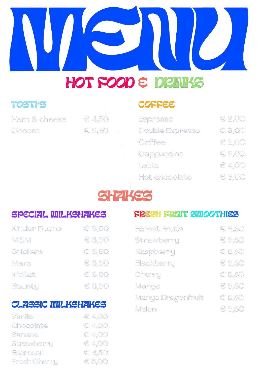 The Roundabout Menu — Hot Food, Coffee, Shakes, Smoothies